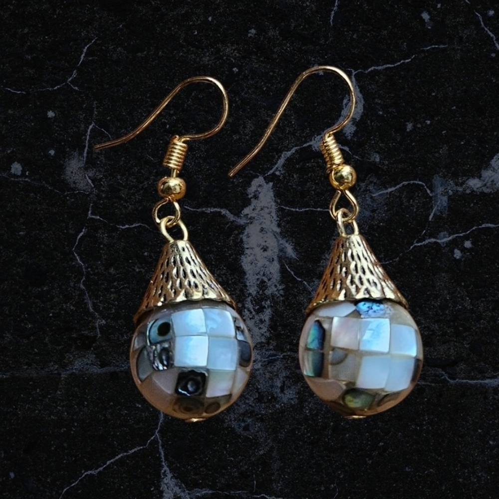 Mosaic Mother of Pearl Dangle Earrings. Last Pic Color is more accurate. - Picture 2 of 6